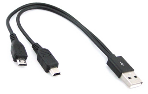 Mini-USB + Micro-USB splitter cable, 6 inches (15cm) long